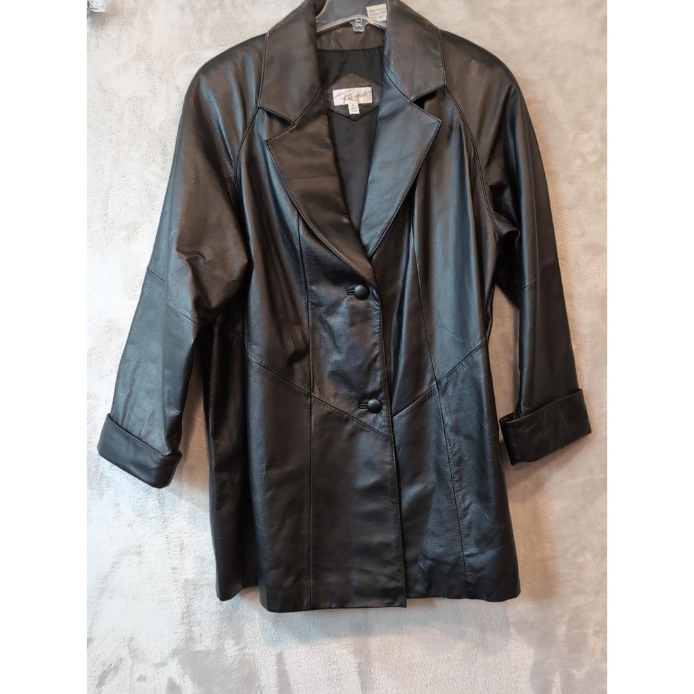 Ricardo Black Genuine Leather Coat Jacket XL Longline Two Button Blazer Vtg